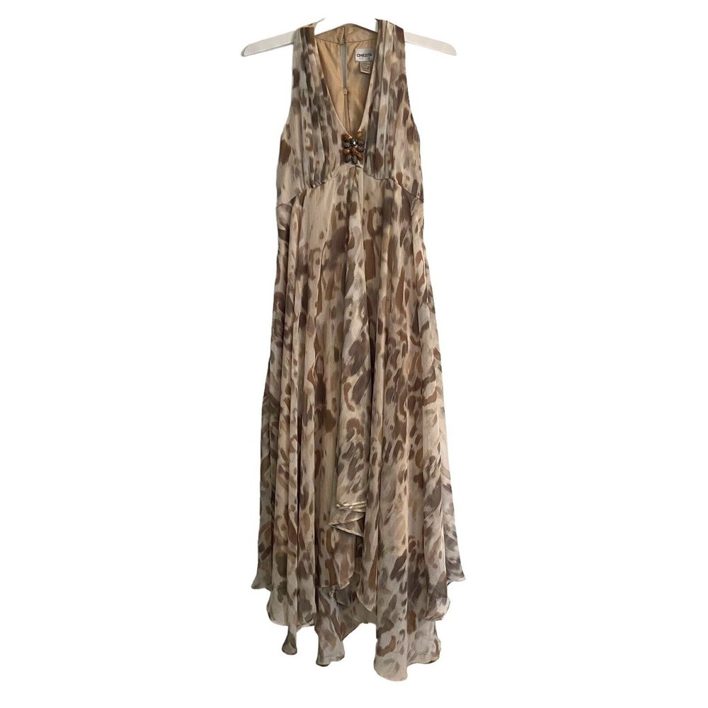 Chico's 0 Long High Low Cheetah Leopard Print Dress Jeweled V Neck Women's Small